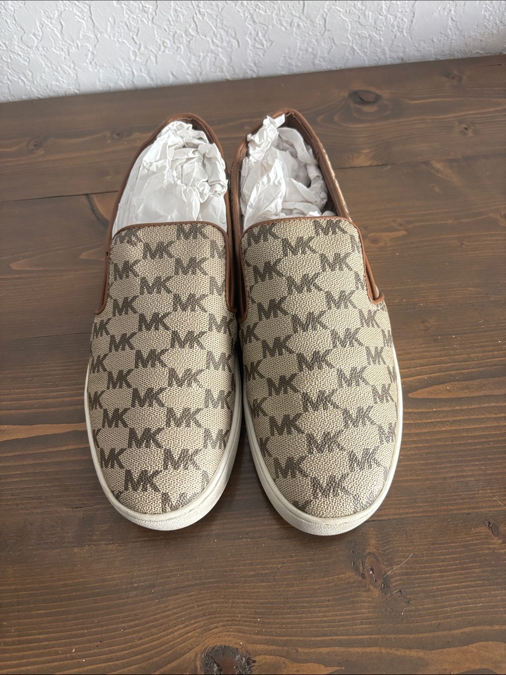Michael Kors Beige Canvas MK Monogram Slip-On Loafers